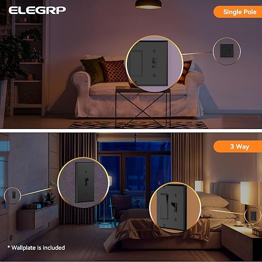 ELEGRP Digital Toggle Dimmer Switch for Dimmable LED, CFL and Incandescent Light Bulbs, Single Pole or 3-Way Toggle LED Dimmer Light Switch, Wall Plate Included, UL Listed, 6 Pack, Black