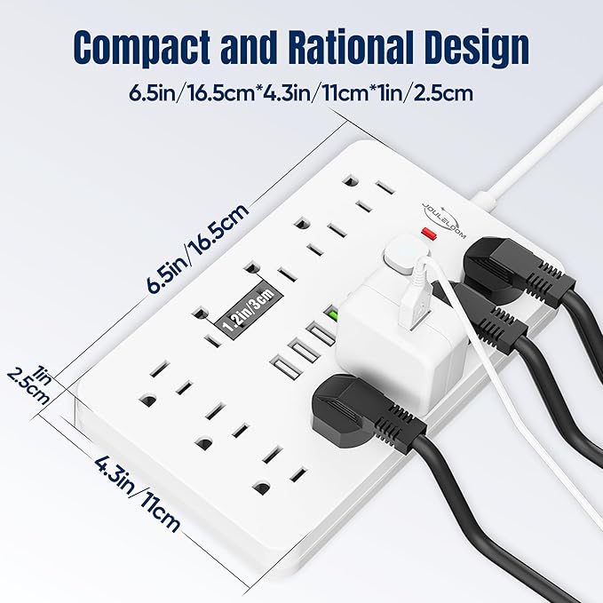 JouleLoom 6 FT Flat Plug Surge Protector Power Strip,11 Multiple AC Outlets with 6 USB Ports (2 USB C), 6 Feet Extension Cord, 1250W/10A, One Touch Switch Button, 17 in 1 Compact powerstrip-White