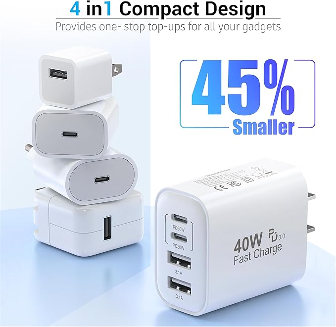 USB C Charging Block, 2-Pack 40W 4 Ports USBC Wall Charger Plug Fast Charging, iPhone Charger QC Multiport Adapter Charger Type C Box Brick Cube for iPhone 17 16 15 14 13 12 11 Pro Max, Samsung Phone