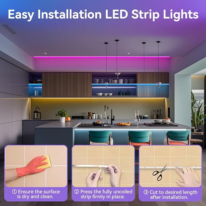 CHARKEE LED Strip Lights 110ft, Music Sync RGB LED Strip Lights for Bedroom/Gaming/Wall Decoration, Color Changing Bluetooth Led Lights IR Remote& APP Control, DIY(Dual-Side Power)