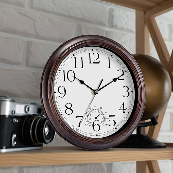 KECYET 12 Inch Outdoor Wall Clock with Thermometers, Vintage Silent Wall Clocks Battery Operated, Retro Non-Ticking Clock Decorative for Living Room, Patio, Kitchen, Office, Bathroom, Bedroom(Bronze)