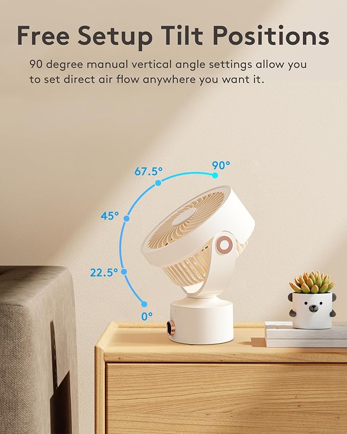 CARONSORT Desk Fan, Small Oscillating Fan for Bedroom, 9 Inch Table Fans Quiet,Desk Air Circulator Fan with 3 Speeds, 4H Time, Rechargeable Fan for Office/Dorm/Room-Beige