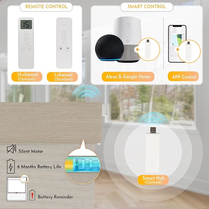 Persilux Smart Motorized Blinds with Remote, No Drill Automatic Roller Shades for Indoor Windows, Light Filtering Linen Fabric, Electric Blinds for Windows, Weave Straw C162-4, Custom Size