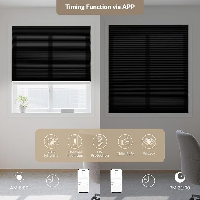 Boolegon No Drill Motorized Cellular Blinds with Remote Motorized Blackout Honeycomb Blinds for Indoor Windows Easy to Install Automatic Cellular Shades for Home,Light Filtering Black,Custom Size