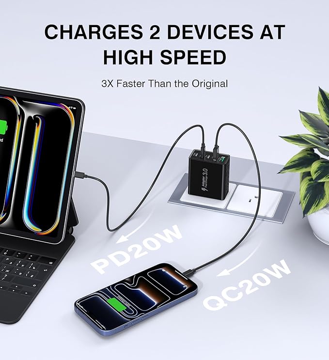 [2-Pack] USB C Wall Charger, 60W Type C Charger Block 5-Port Fast Charging Blocks,3USB C+2USB A Multiport Plug,PD Power Adapter Brick Cube for iPhone 17/16/15/14/13/Pro,iPad,Samsung,for Switch（Black）