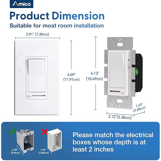 Amico 12 Pack Light Dimmer Switch, No Neutral Wire, Single Pole or 3-Way, for Dimmable LED/CFL (150W) & Halogen/Incandescent (600W), Slide to Dim, White with Wall Plates Included, ETL Listed