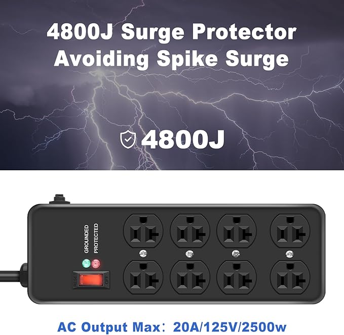 Heavy Duty Surge Protector 20Amp,Metal Power Strip with 8 Outlets,Wall Mount Surge Protector 4800J,12 Gauge 6FT Extension Cord 5-15P Adapter Workshop & Industrial Use with 6-20R T-Slot Outlets