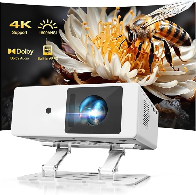 [1800 ANSI & Auto Focus] Smart Mini Projector with WiFi 6 and Bluetooth, 4K Support Outdoor Movie Projector, Native 1080P Dolby Audio Portable Projector for Bedroom/Home/Celling