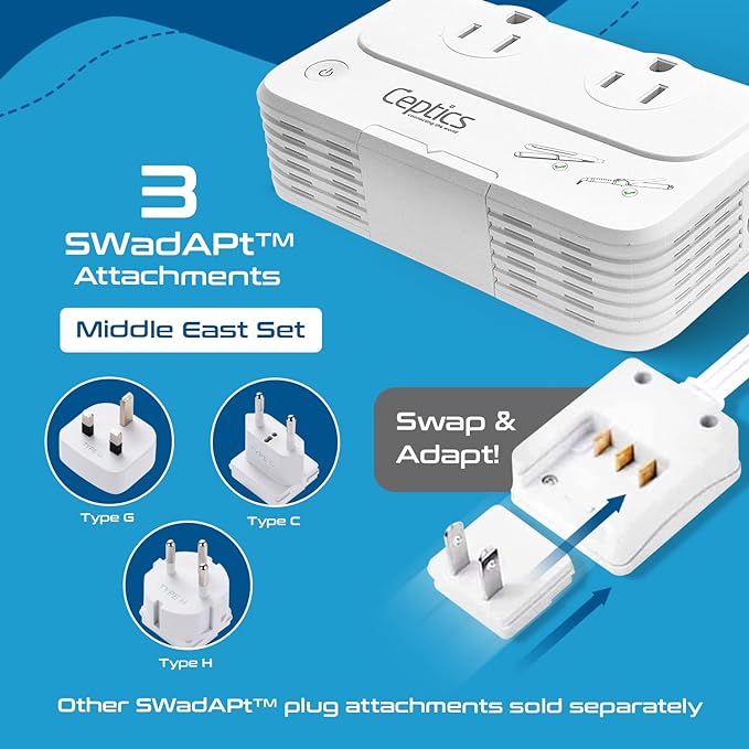 Ceptics Egypt, Dubai, Jordan Voltage Converter, Convert 220V to 110V for Devices Like Curling Iron Straightener Chargers 4 USB PD 18W Fast Charging Type H, C, G