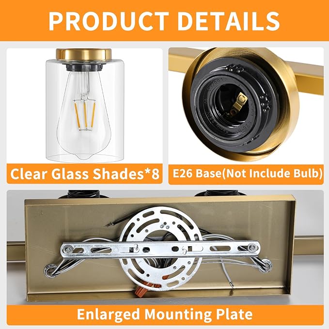 DIKAIDA 8 Light Gold Vanity Lights Over Mirror, 52inch Gold Bathroom Light Fixtures Modern Vanity Lights Gold Bathroom Wall Lighting for Mirror Bedroom,Living Room