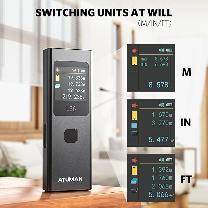 ATuMan 3 in 1 Laser Distance Meter with Visual Aligning Beam, Pythagorean, Area, Volume Angle Measure, 19 Measurement Modes and Automatic Calculation, Color Display, 131 Feet, iF Design Award 2024