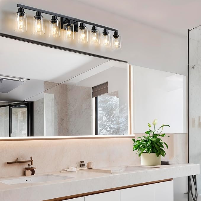 DIKAIDA 8 Light Bathroom Vanity Lights Over Mirror, 52inch Black Vanity Lights Fixtures Matte Black Modern Vanity Lights Black Bathroom Wall Lighting for Mirror Bedroom,Living Room