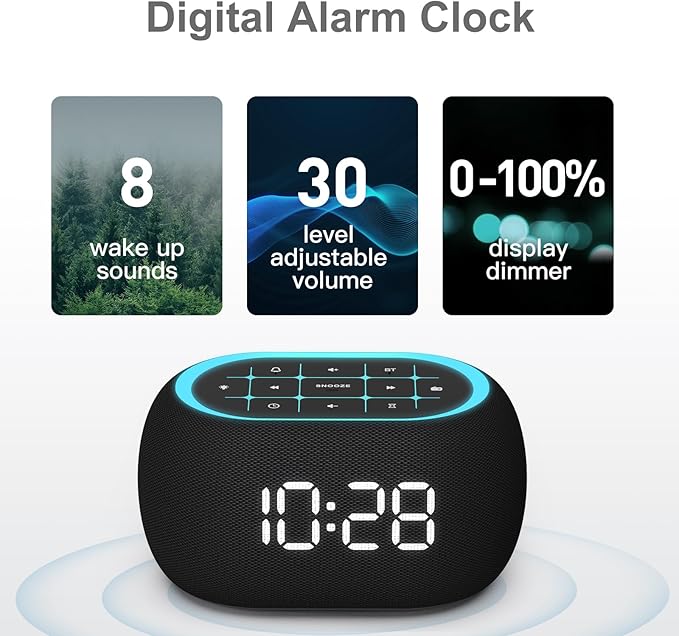 ANJANK Alarm Clock FM Radio with Bluetooth Speaker, Hi-Fi Stereo Sound, 0-100% Dimmer,7 Clolors Night Light, 8 Wake Up Sounds,16-Level Volume, Small Digital Clock with Sleep Timer for Bedroom Bedside
