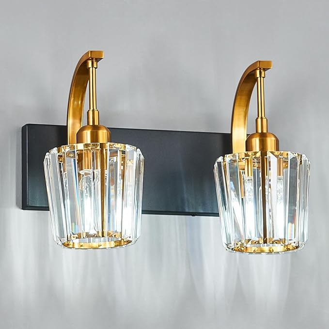 FDPBY Modern Bathroom Vanity Light, 2-Light Black Gold Wall Sconce with Crystal Accents, Over Mirror Bathroom Lighting Fixture, 13.77" Long Dimmable Vanity Lamp for Makeup, Easy Installation