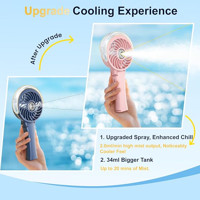 HandFan Upgraded Portable Handheld Misting Fan, Rechargeable Personal Mister Fan, Spray Water Mist Fans, Foldable Electric Mini Cooling Hand Fans for Summer Beach Travel Concerts Disney(Pink)