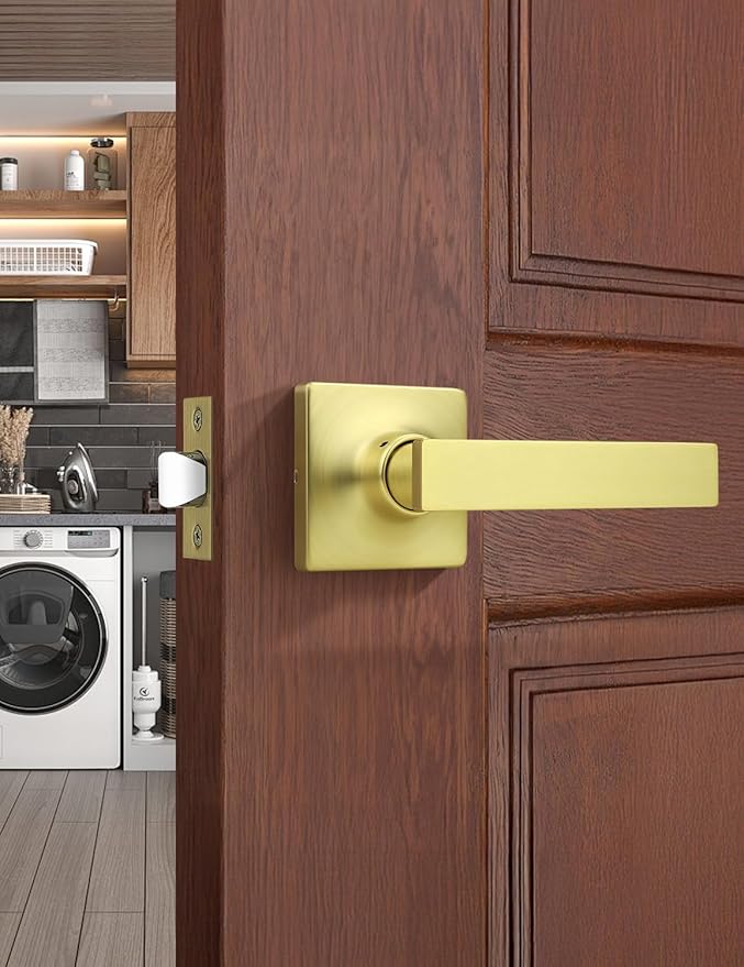 Mengico 1 Pack Passage Door Levers Gold Finish, No-Locking Keyless Square Door Knob, Interior Door Handles for Closet and Hallway, Reversible for Left & Right Handed