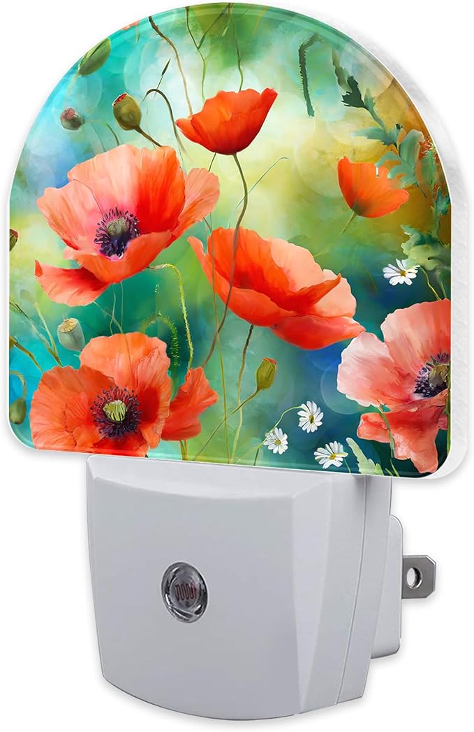 sndheke Watercolor Red Poppies Flower Night Light, Abstract Colorful Floral Dusk to Dawn Night Light Plug in,0.5w Energy Saving Sleep Friendly NightLight for Kids Boys Girls Home Decor