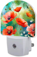 sndheke Watercolor Red Poppies Flower Night Light, Abstract Colorful Floral Dusk to Dawn Night Light Plug in,0.5w Energy Saving Sleep Friendly NightLight for Kids Boys Girls Home Decor