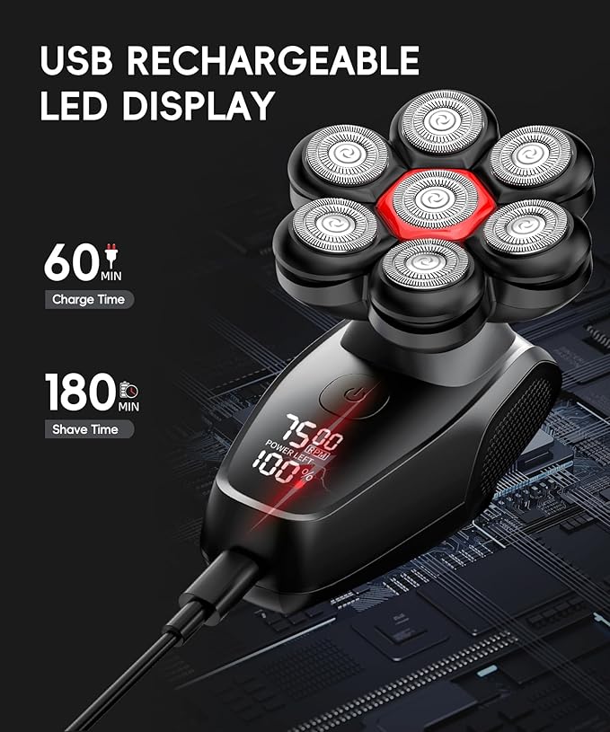 MALEGEBAZ Head Shaver for Bald Men：IPX8 Waterproof 7D Magnetic Electric Head Shaver with LED Display, USB-C Fast Charge, Travel Lock & 5 Attachments, Valentines Day Gifts for him,Black