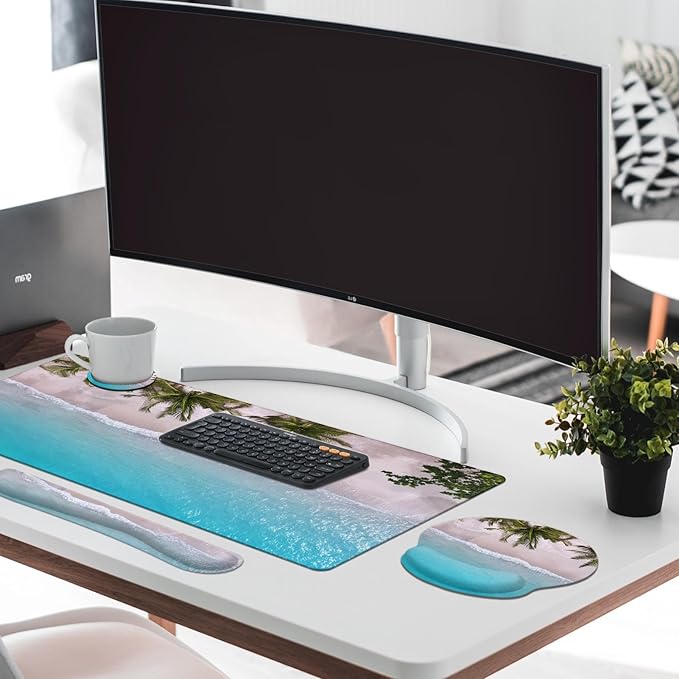 Britimes Blue Turquoise Ocean Keyboard Mouse Pad Set Beach Summer 4in1 Large Mousepad+Keyboard Wrist Rest+Mouse Wrist Rest+Coaster Ergonomic Design for Home Office Computer 35.4x15.7 inches