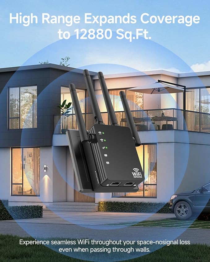 WiFi Extender Signal Booster for Home, WiFi Extender, Long Range up to 12880 Sq Ft and 105 Devices, Internet Extender WiFi Booster, WiFi Repeater with Ethernet Port, Signal Booster