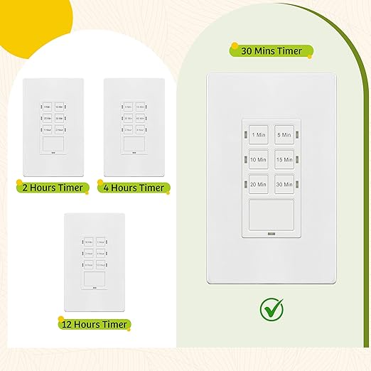 TG 30-Minute No Neutral Wire Countdown Timer Switch, 1-5-10-15-20-30 Min, for Bathroom Fans, Heaters, Lights, LED Indicator, 120VAC 800W, UL Listed, White, 2 Pack
