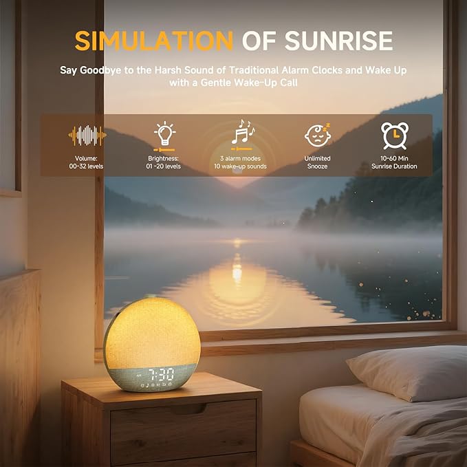 Geuuap Sunrise Alarm Clock White Noise Sound Machine for Bedroom | Natural Wake-Up Light with 30 Soothing Sleep Aids, Bluetooth Speaker, Dimmable Clock, Screen-Free Design for Baby Kids-Matcha Green