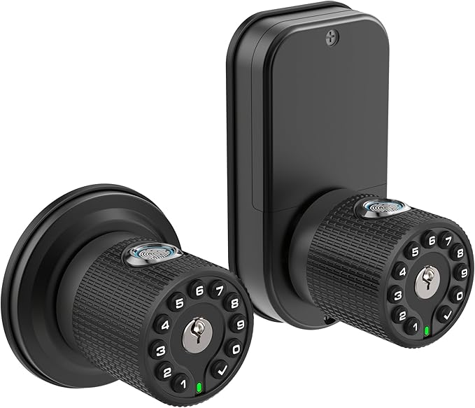 BOTHSTAR Double Sided Keyless Door Knob Lock with Fingerprint and Keypad, Smart Doorknob with Dual Cylinders for Exterior or Interior Door(Double Sided Fingerprint Matte Black)