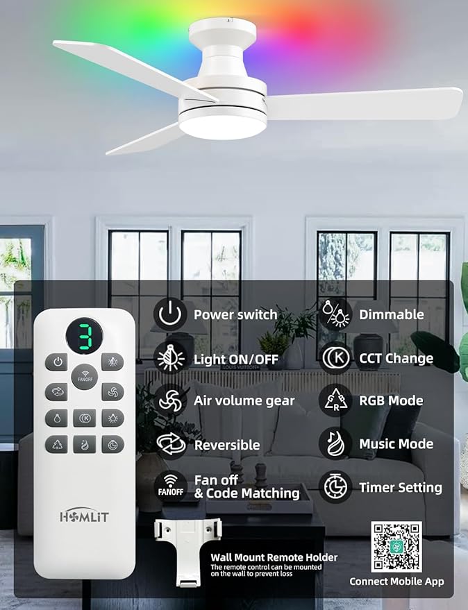 Homlit 42 inch RGB Ceiling Fan with Light, Smart App & Remote Control Low Profile Flush Mount, Music Sync Lighting, 6-Speed Quiet Reversible DC Motor, 4CCT Dimmable for Home Office Party,White