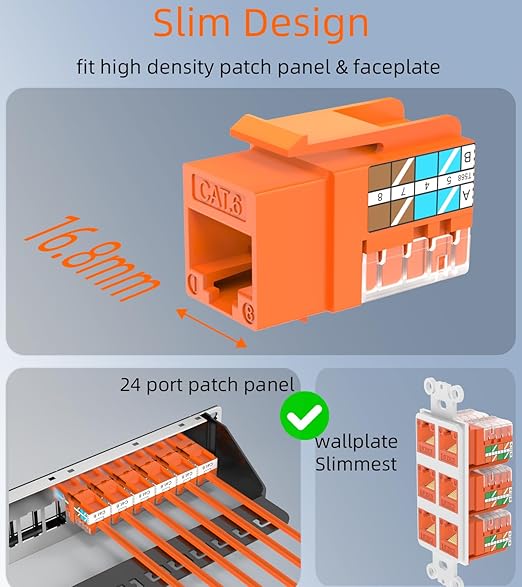 Rapink RJ45 Keystone Jack Cat6 10G Support, Cat6 Keystone Jacks UTP 10 Pack for Wall Plate and Patch Panel, Rj45 Keystone 90 Degree Orange Color for Cat 6, Cat5e, Cat5 Cabling