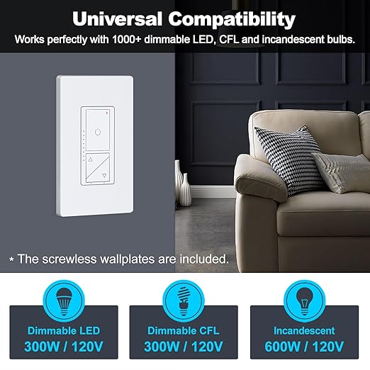 BESTTEN Super Slim Digital Led Dimmer Switch with Air Gap Power Cut Off Switch, 3 Button Control, Single Pole or 3 Way Dimmable Dimmer, Screwless Wallplate Included, ETL Listed, White