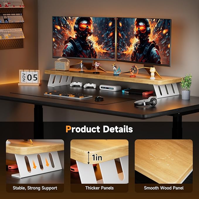 NestNeat Dual Monitor Stand Riser, 39 Inch Large Wood Monitor Stands for 2 Monitors, Desk Monitor Riser for Computer/Laptop/Printer/TV, Stand Riser up to 220 lbs