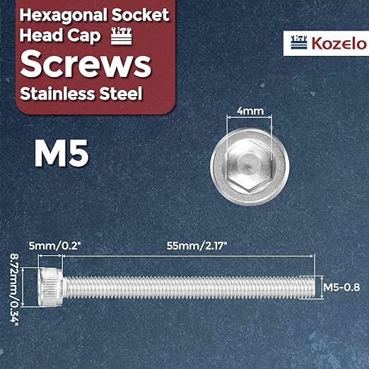Kozelo 25pcs Socket Head Cap Screws - [M5-0.8 x 55mm] 304 Stainless Steel Allen Socket Drive for Electrical Motor 3D Printing Fan Engine Replacement Use, Silver
