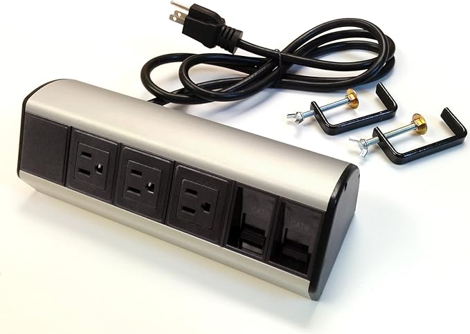 Power & Data Desk Edge Mount Tabletop Center - 3 Power and 2 Ethernet CAT6 RJ45 Data ports