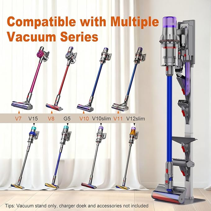 AIKOLZON Vacuum Stand for Dyson with Foldable Storage Hooks and Heavy-Duty Carbon Steel Base, No Drill Installation, Space-Saving Organizer for All Dyson Cordless Vacuums & Accessories