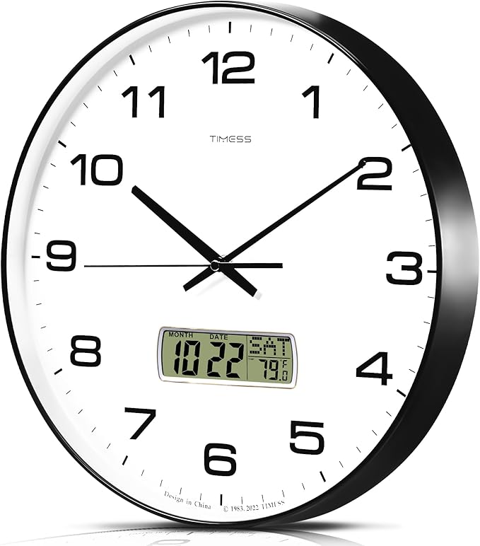 TIMESS Wall Clock, 14" Large Dial Non-Ticking Silent Battery Operated Analog with LCD Display for Perpetual Calendar and F° Temperature, Ideal Modern Home, Bedroom, Office Decor (Black)