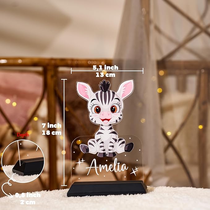 hun concept Personalized Kids Zebra Night Light – Custom Name LED Lamp for Nursery, Baby Room & Bedroom, Cute Animal Acrylic Night Lamp with Wooden Base, Unique Birthday & Christmas Gift for Children
