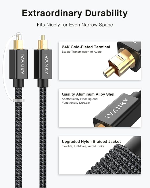IVANKY Optical Audio Cable 10ft/3M, Nylon Braided, 24K Gold-Plated, Slim Metal Case, CL3 Rated, S/PDIF Digital Audio Fiber Optic Cable for Home Theater, Sound Bar, TV, PS4, Xbox, Samsung, Vizio