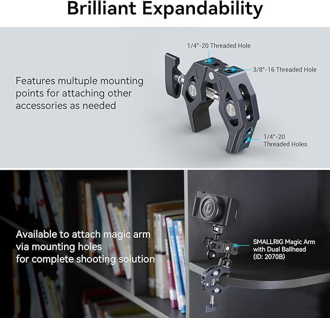 SMALLRIG Crab-Shaped Super Clamp, Camera Mount, 1/4"-20, 3/8"-16 Threaded Holes, 7.7lbs/3.5kg Payload, Compatible with Cameras, Monitors, LED Lights, etc.