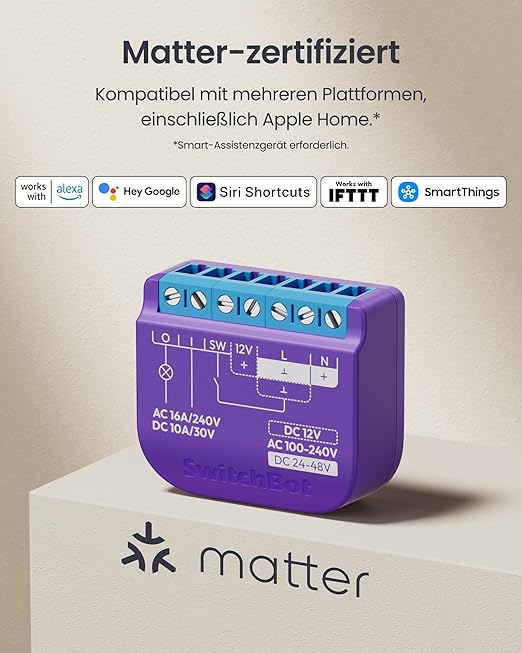 SwitchBot WiFi Switch 1 (Pack of 2) Compatible with Alexa/Apple Home/Google Home, Power Measuring Relay Switch Module with Built-in Bluetooth Repeater and Dry Contact, Wi-Fi 2.4 GHz, 16A