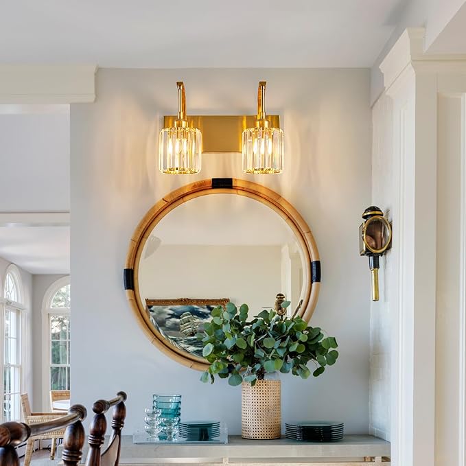 FDPBY Bathroom Crystal Vanity Lights 2-Light Gold Wall Lamp Modern Crystal Bathroom Light Fixtures Over Mirror 13.77" Long Wall Sconce