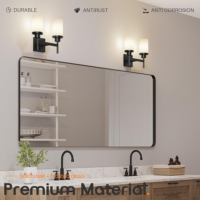 AONEON Wall Light Fixtures Matte Black Bathroom Vanity Lights Over Mirror with White Frosted Glass, Double Wall Lamps for Hallway Washroom Porch T001MB-L2