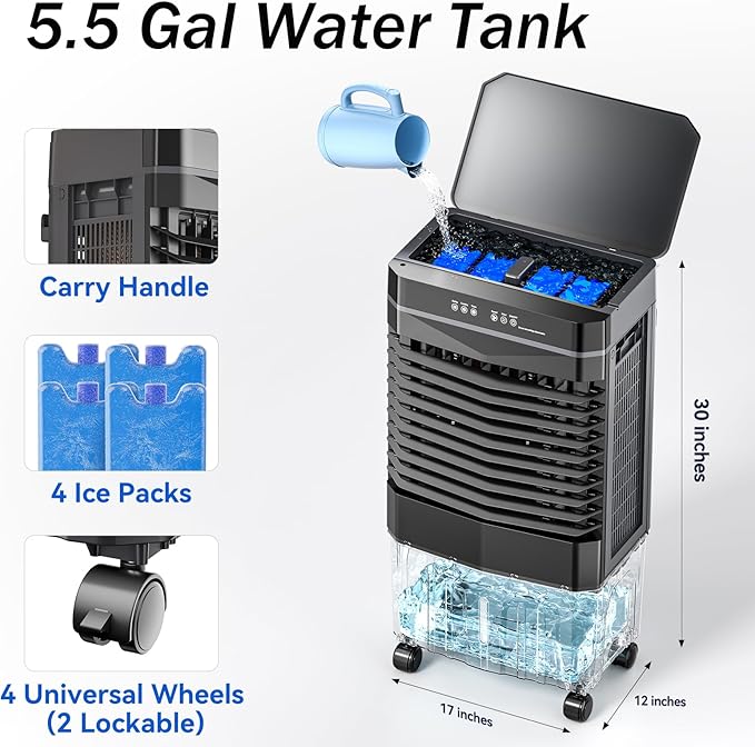 Auertech 5.5 Gal Swamp Cooler, 1800 CFM Portable Evaporative Air Cooler with 3 Speeds, Remote, 12H Timer, 120°Oscillation, Portable Air Coolers for Room, Garage, Bedroom