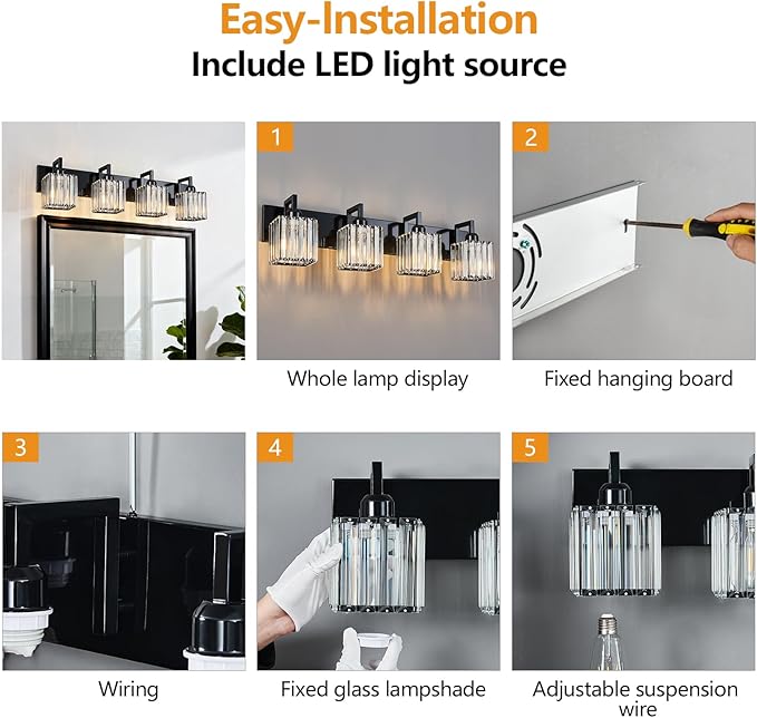 FDPBY Modern Bathroom Vanity Light 4-Lights Plating Black Vanity Light Crystal Wall Light Bathroom Light Fixtures