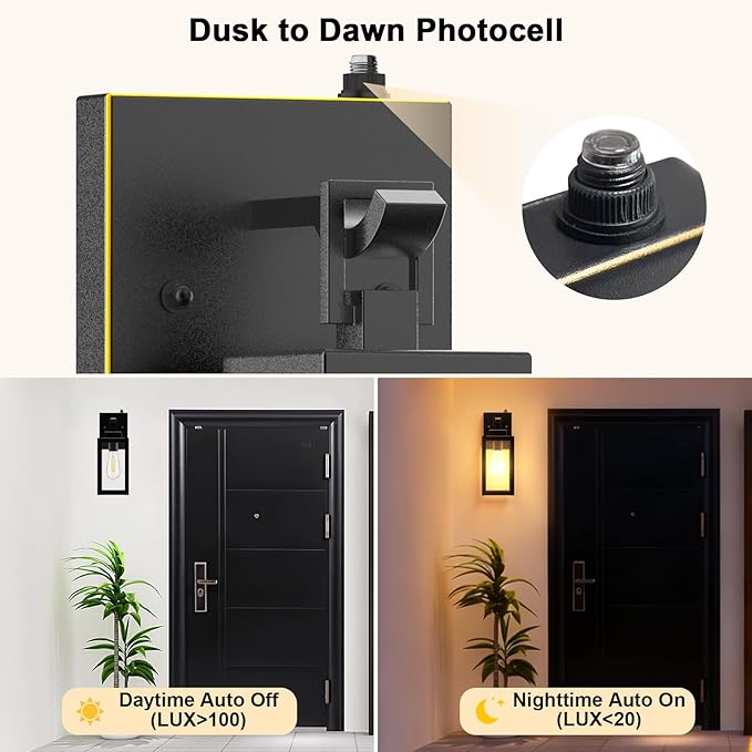 LTBLIGHT Dusk to Dawn Outdoor Front Porch Light, Vintage Black-Gold Exterior Security Lighting Fixtures, Waterproof Wall Lanterns for Home, Entry, Backyard, Patio, 100-120Vac