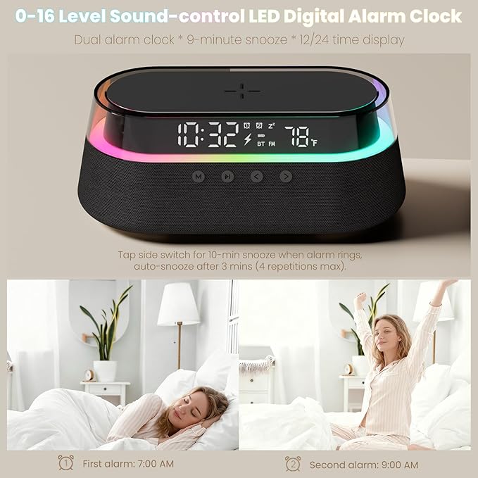 KUANGXIANG 6-in-1 Bluetooth Speaker Alarm Clock with Remote, 15W Fast Wireless Charger Portable Speaker, FM Radio & Dimmable LED Night Light, Snooze 12 24H Dual Digital Clock for Bedroom Home Office
