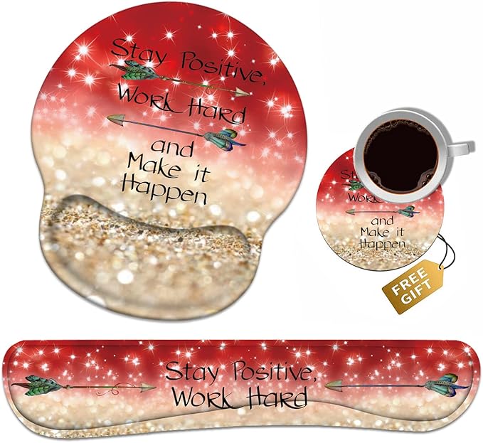 Keyboard Wrist Rest + Mouse Pad Wrist Support Set with Coasters, Stay Positive Work Hard and Make It Happen Inspirational Quote Wrist Mouse Pad with Non-Slip PU Base for Home Office Working Studying