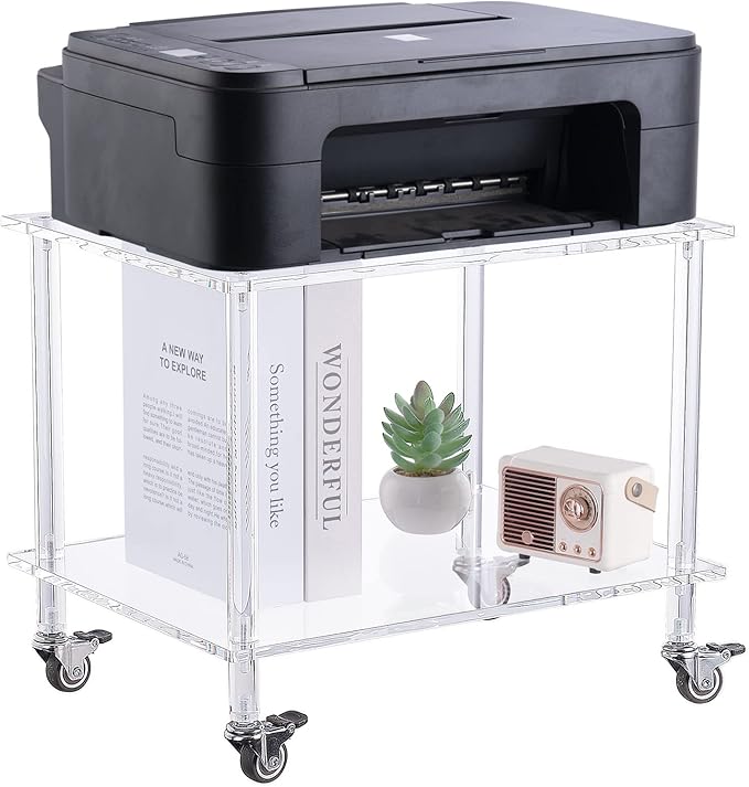 HMYHUM Acrylic Printer Stand - 2-Tier Under Desk Printer Table with Wheels - Multifunctional Rolling Cart for Office & Home, Clear