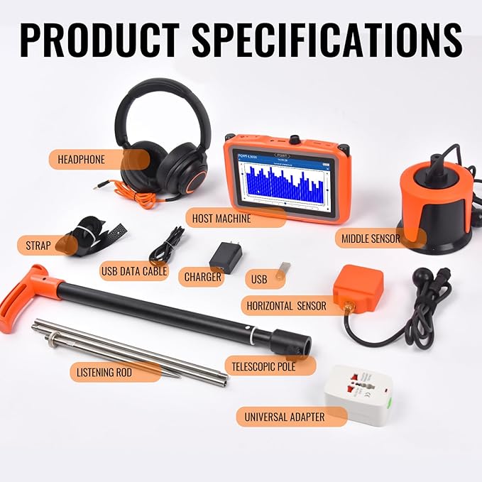 PQWT L3000 Acoustic Water Leak Detector for Home and Outside Ground Wall Water Pipeline Leakage Detection Kit Multi Sensor Professional Noise Reduction Headphone Smart Touchscreen Aluminum Carry Case