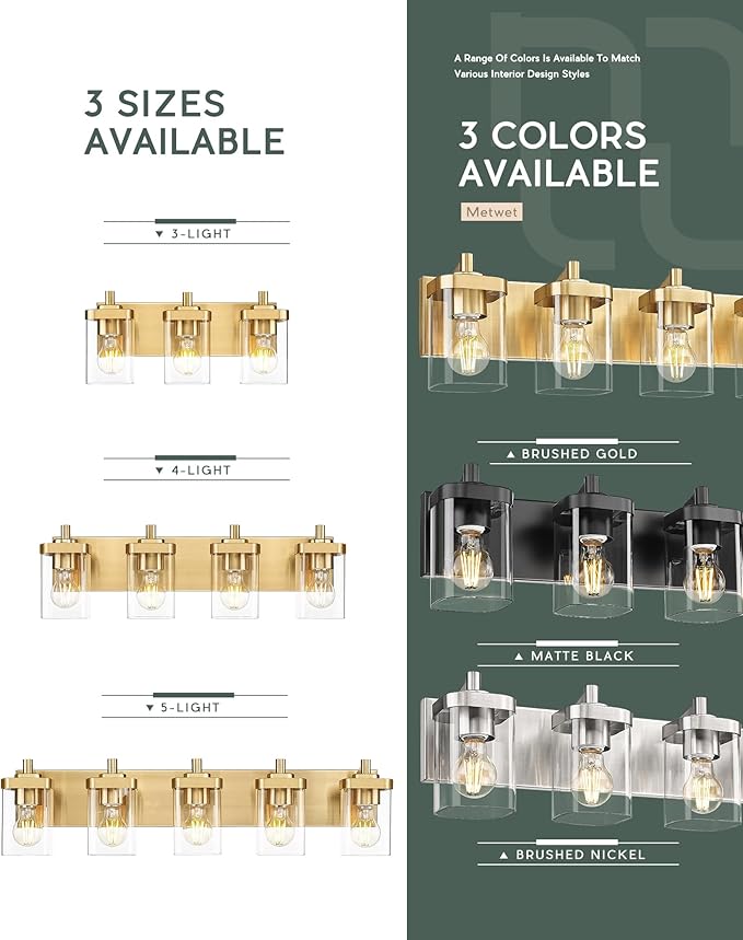 METWET Bathroom Light Fixtures, 30" Brushed Gold Vanity Light, 5-Light Modern Wall Sconces with Square Clear Glass Shade, Vanity Lighting Fixtures Over Mirror, VL194-BG-5